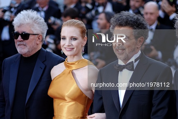 Previous Palm d'or winner Jessica Chastain , Pedro Almodovar , Gabriel Yared  at the 70th Anniversary Red Carpet Arrivals   during the 70th...