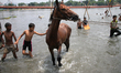 Boys are bathing a horse on the Buriganga River during the hot weather in Dhaka, Banglades...
