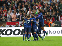 Manchester United's players celebrate with teammate Paul Pogba scoring during the UEFA Europa League final football match Ajax Amsterdam v M...
