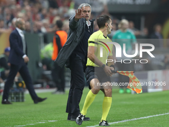 Jose Mourinho, Manager of Manchester United reacts during the UEFA Europa League Final between Ajax and Manchester United at Friends Arena o...