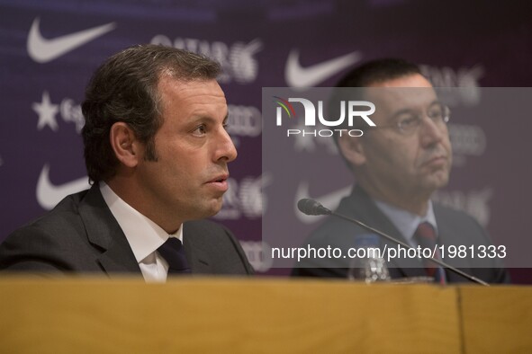 Sandro Rosell, former president of FC Barcelona with the actual club's president Josep Maria Bartomeu in a file image of january of 2014, in...