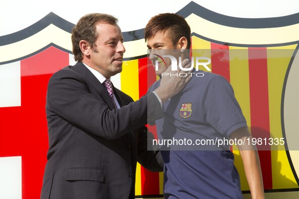 Sandro Rosell, former president of FC Barcelona, with Neymar Jr in a file image of 2013, in Barcelona, Spain. 