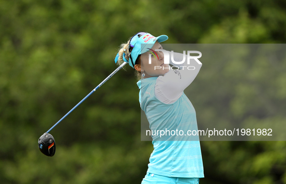 Lexi Thompson of the United States tees off on the 11th tee during the first round of the LPGA Volvik Championship at Travis Pointe Country...