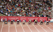 Athletes compete in the 100m race at the 20th Commonwealth games in Hamden Park in Glasgow...
