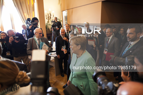 German Chancellor Angeka Merkel arrives  at the G7 Summit expanded session in Taormina, Sicily, on May 27, 2017. 