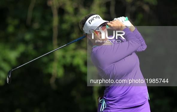 Jackie Stoelting of the United States tees off on the 7th tee during the third round of the LPGA Volvik Championship at Travis Pointe Countr...