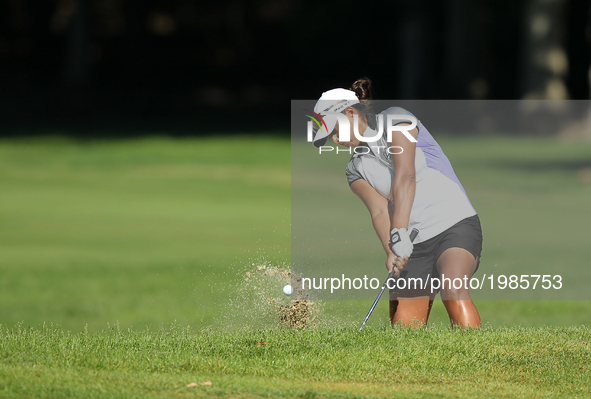 Lee Lopez of California hits out of the bunker on the 4th green during the third round of the LPGA Volvik Championship at Travis Pointe Coun...