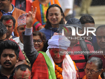 New mayor of the Kathmandu Metropolitan City Bidya Sundar Shakya celebrates after winning on Sunday, May 28, 2017. Bidya Sundar Shakya of CP...