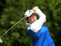 Shanshan Feng of China tees off on the 7th tee during the final round of the LPGA Volvik Championship at Travis Pointe Country Club, Ann Arb...
