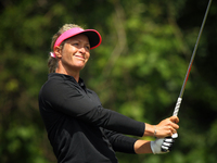 Suzann Pettersen of Norway tees off on the 7th tee during the final round of the LPGA Volvik Championship at Travis Pointe Country Club, Ann...