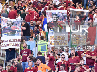 Roma supporters pay tribute to their idol Francesco Totti for his last appearance in Rome during the Serie A match between Roma and Genoa at...