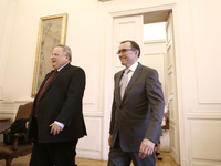  Special Adviser of the Secretary-General on Cyprus, Espen Barth Eide (R) with Greek Foreign Minister Nikos Kotzias, in Athens on May 29, 20...