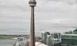 Elevated view of the city of the CN Tower and Rogers Centre Stadium in Toronto, Ontario, C...