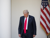 President Trump walks out to make his statement that the United States is withdrawing from the Paris Climate Accord, in the Rose Garden of t...