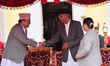 Vice President of Nepal, Nanda Bahadur Pun greets Newly elected Prime Minister of Nepal, S...
