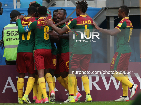 Players of the Cameroon national football team celebrates after scoring a goal during the 2017 FIFA Confederations Cup match, first stage -...