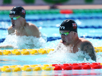 Adam Peaty (GBR) and James Wilby (GBR) compete in Men's 100 m Breaststroke during the international swimming competition Trofeo Settecolli a...