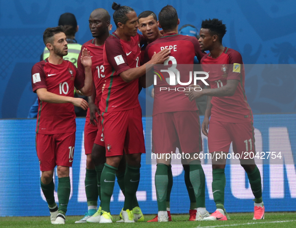 Cristiano Ronaldo of the Portugal national football team celebrates after scoring a goal during the 2017 FIFA Confederations Cup match, firs...
