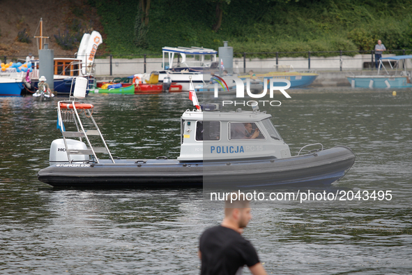 A nautical patrol boat is seen on the river Brda on 24 June, 2017. 