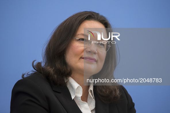Work and Social Policies Minister Andrea Nahles attends a news conference to illustrate the work of the party during the last legislation at...