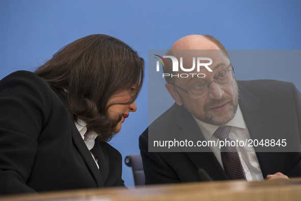 Work and Social Policies Minister Andrea Nahles talks with Chancellor candidate and chairman of Social Democratic Party (SPD), Martin Schulz...