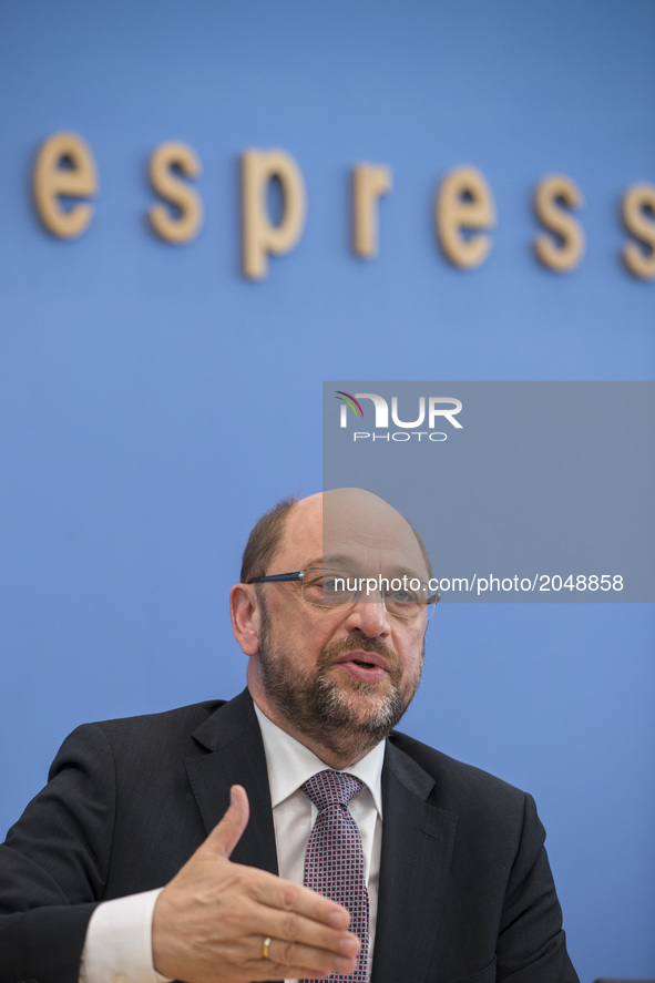 Chancellor candidate and chairman of Social Democratic Party (SPD) Martin Schulz is pictured during a news conference regarding the work of...