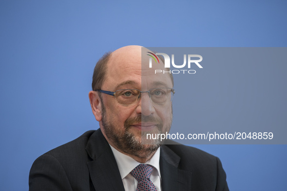 Chancellor candidate and chairman of Social Democratic Party (SPD) Martin Schulz is pictured during a news conference regarding the work of...