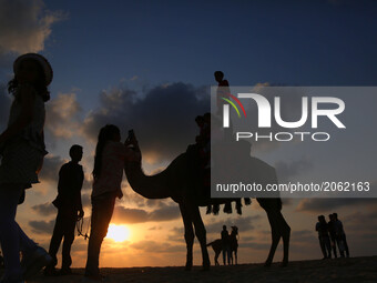 Palestinians ride a camel in the sunset at Gaza beach , in Gaza City, 05 July 2017. (