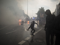Germany, Hamburg: Riot police use water cannons during protests  during the G20 summit in Hamburg, Germany, on July 7, 2017. (