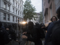 Germany, Hamburg: Riot police use water cannons during protests in Hamburg's Schanzenviertel district  during the G20 summit in Hamburg, Ger...