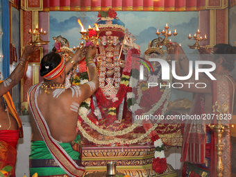 Tamil Hindu priests perform special prayers honouring Lord Murugan during the Kanthaswamy Ther Festival at a Tamil Hindu temple in Ontario,...
