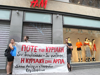 Greek shop workers protesting against the introduction of Sunday opening for stores in Thessaloniki, Greece, on July 16, 2017. (