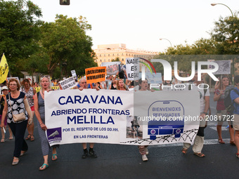 Protesters take part at the 'Caravana opening borders' in Seville, Spain, on 15 July 2017. The caravan manifestation opening borders, is a m...