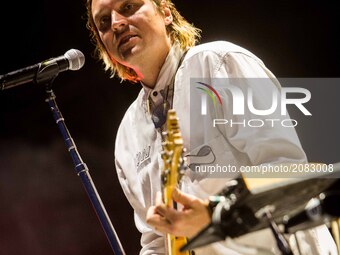 Win Butler of the canadian indie rock band Arcade Fire pictured on stage as they perform at Milano Summer Festival, Ippodromo San Siro Milan...