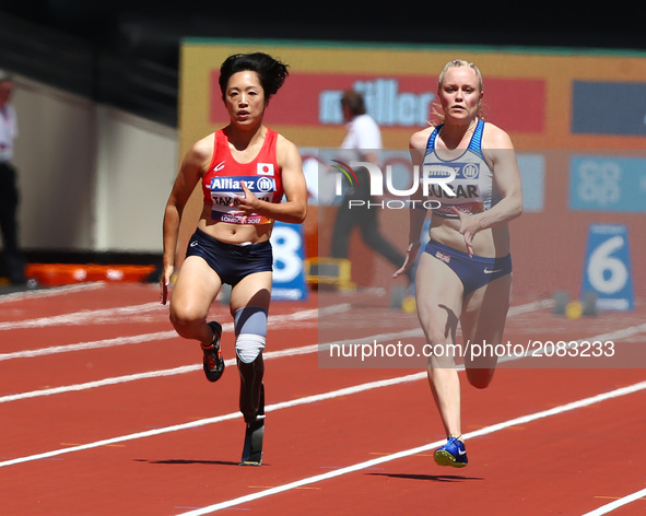 l-r Saki Takakuwa (JPN) and Laura Sugar (GBR) compete  in Women's 100m T44 Heat 2 during IPC World Para Athletics Championships at London St...