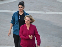 Selin Sayek Boke (F), former vice chair and spokesperson of the main opposition Republican People's Party (CHP), arrives at a forum on after...