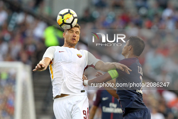 Roma forward Edin Dzeko (9) goes for a header during an International Champions Cup match between AS Roma and Paris Saint-Germain FC at Come...