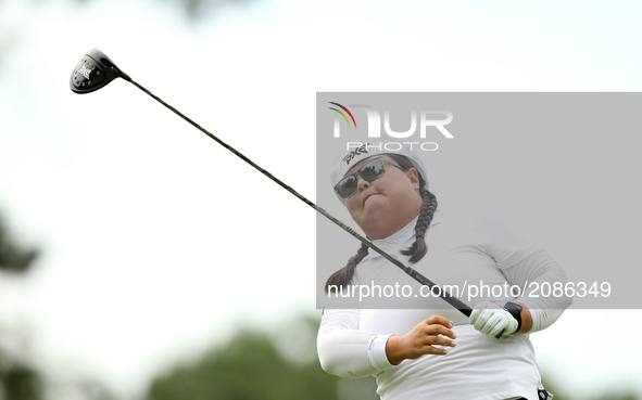 Christina Kim of the United States tees off on the 7th tee during the first round of the Marathon LPGA Classic golf tournament at Highland M...