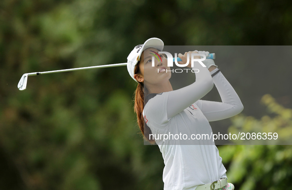 Xiyu Lin of China tees off on the second tee during the first round of the Marathon LPGA Classic golf tournament at Highland Meadows Golf Cl...