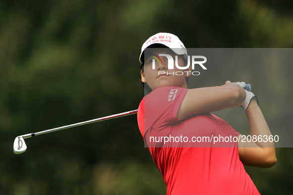 Yani Tseng of Chinese Taipei follows her shot from the 6th tee during the first round of the Marathon LPGA Classic golf tournament at Highla...