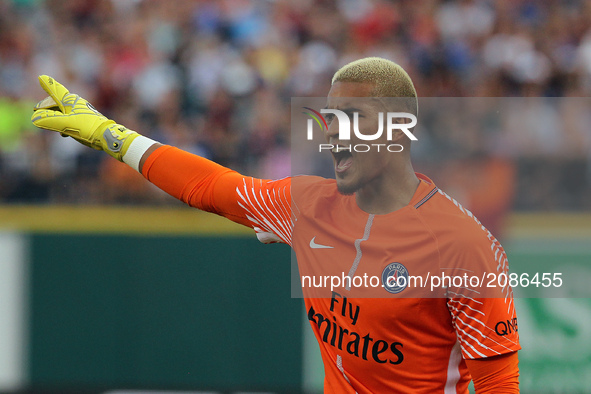 Alphonse Areola calls to his teammates during the first half of an International Champions Cup match between AS Roma and Paris Saint-Germain...