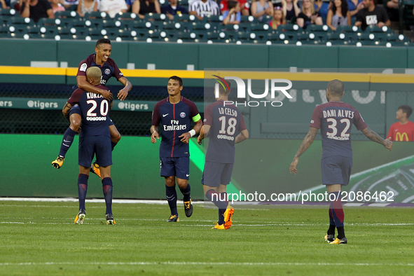 PSG Defender Marquinhos (5) celebrates the first goal scored during the first half of an International Champions Cup match between AS Roma a...
