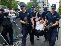 Policemen carry a protester away from a demonstration in front of the Sejm (Lower House of Polish Parliament) building in Warsaw, Poland on...