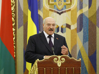 Belarussian President Alexander Lukashenko speaks during a press-conference with Ukrainian President Petro Poroshenko (not seen)  in Kiev, U...