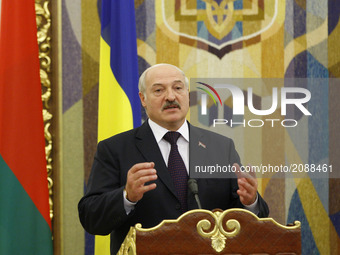Belarussian President Alexander Lukashenko speaks during a press-conference with Ukrainian President Petro Poroshenko (not seen)  in Kiev, U...