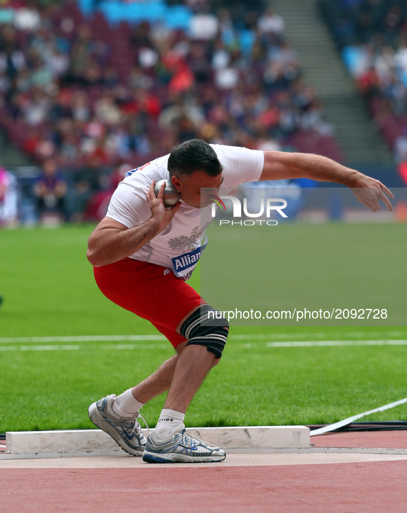 Tomasz Sciubak of Poland compete Men's Shot Put F37 Final during World Para Athletics Championships at London Stadium in London on July 23,...