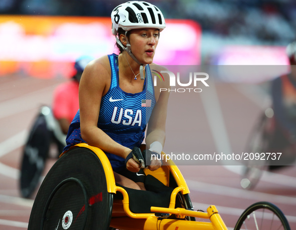 Hannah McFadden of USA  compete Women's 100m T54 Final during World Para Athletics Championships at London Stadium in London on July 23, 201...