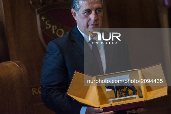 Anti-Mafia Magistrate Antonino Di Matteo reacts after being awarded the Honorary Citizenship of Rome by the Mayor of Rome, Virginia Raggi, i...