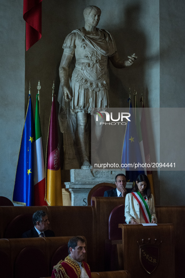 The Mayor of Rome Virginia Raggi during Ceremony of conferring Honor Citizenship of Rome at the magistrate Antonino Di Matteo on July 25, 20...
