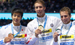 (R to L) Hungary’s David Verraszto, silver, U.S. Chase Kalisz, winner, and Japan’s Daiya S...